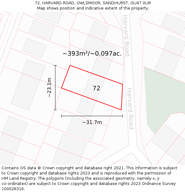 72, HARVARD ROAD, OWLSMOOR, SANDHURST, GU47 0UR: Plot and title map