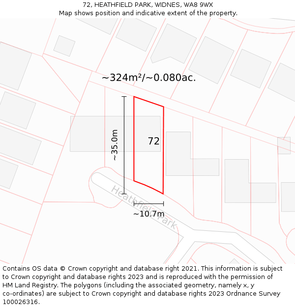 72, HEATHFIELD PARK, WIDNES, WA8 9WX: Plot and title map