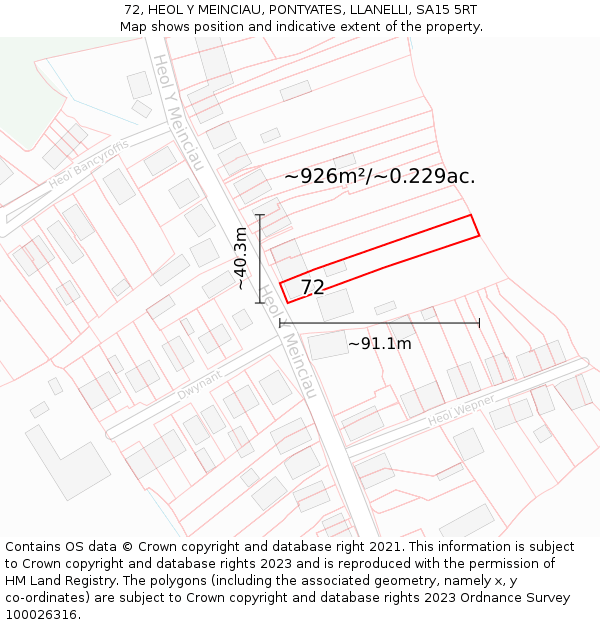 72, HEOL Y MEINCIAU, PONTYATES, LLANELLI, SA15 5RT: Plot and title map