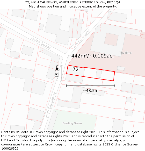 72, HIGH CAUSEWAY, WHITTLESEY, PETERBOROUGH, PE7 1QA: Plot and title map