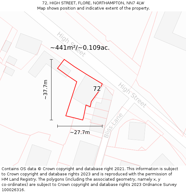 72, HIGH STREET, FLORE, NORTHAMPTON, NN7 4LW: Plot and title map