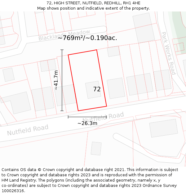 72, HIGH STREET, NUTFIELD, REDHILL, RH1 4HE: Plot and title map