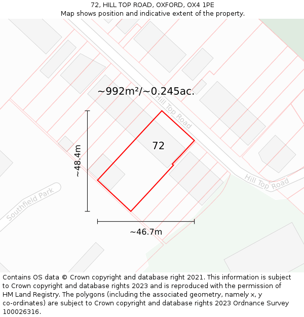 72, HILL TOP ROAD, OXFORD, OX4 1PE: Plot and title map