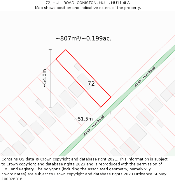 72, HULL ROAD, CONISTON, HULL, HU11 4LA: Plot and title map