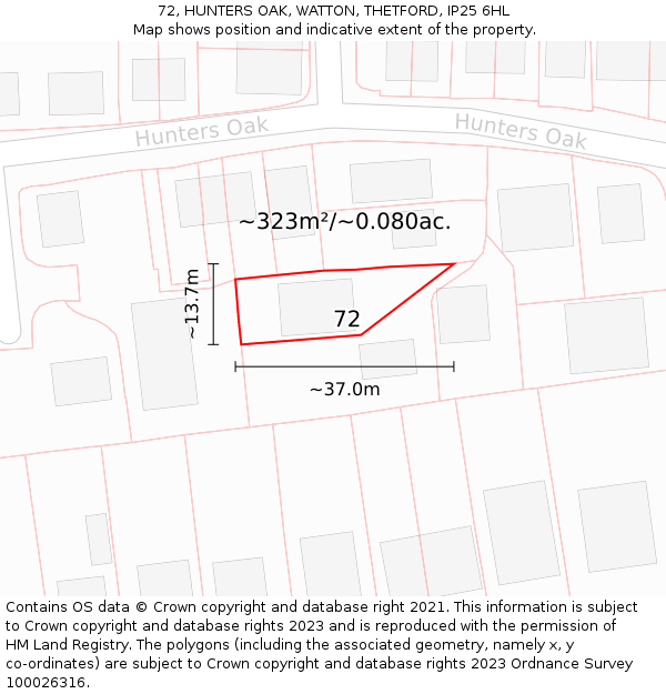 72, HUNTERS OAK, WATTON, THETFORD, IP25 6HL: Plot and title map