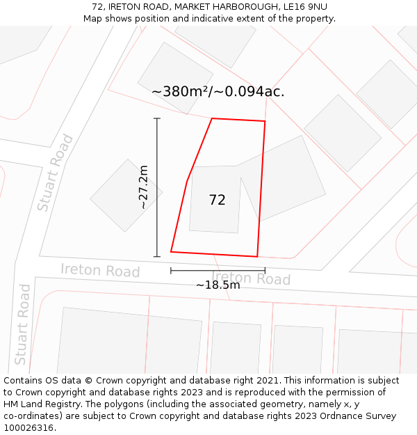 72, IRETON ROAD, MARKET HARBOROUGH, LE16 9NU: Plot and title map