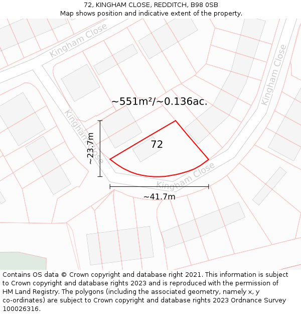 72, KINGHAM CLOSE, REDDITCH, B98 0SB: Plot and title map