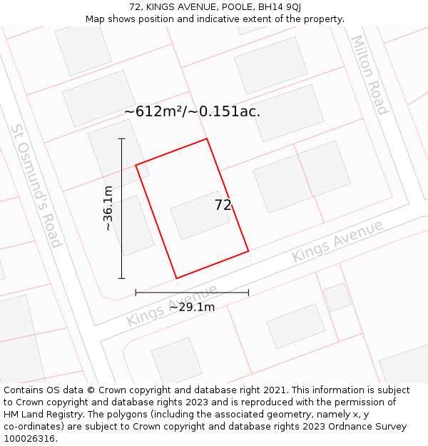 72, KINGS AVENUE, POOLE, BH14 9QJ: Plot and title map