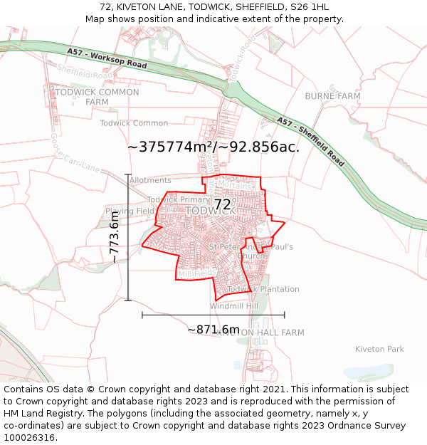 72, KIVETON LANE, TODWICK, SHEFFIELD, S26 1HL: Plot and title map