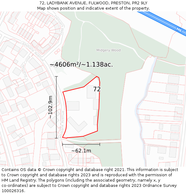 72, LADYBANK AVENUE, FULWOOD, PRESTON, PR2 9LY: Plot and title map