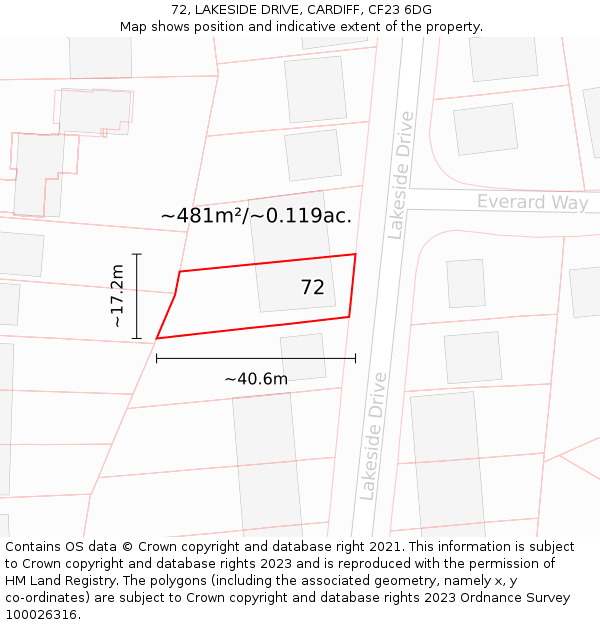 72, LAKESIDE DRIVE, CARDIFF, CF23 6DG: Plot and title map