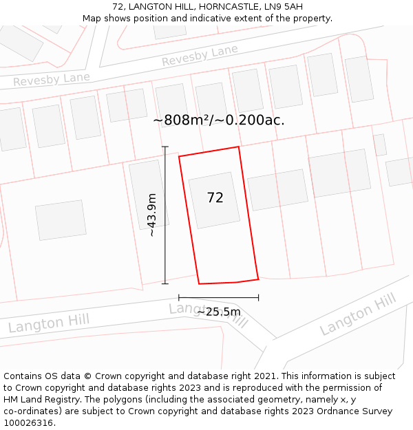 72, LANGTON HILL, HORNCASTLE, LN9 5AH: Plot and title map