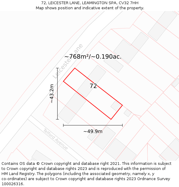 72, LEICESTER LANE, LEAMINGTON SPA, CV32 7HH: Plot and title map