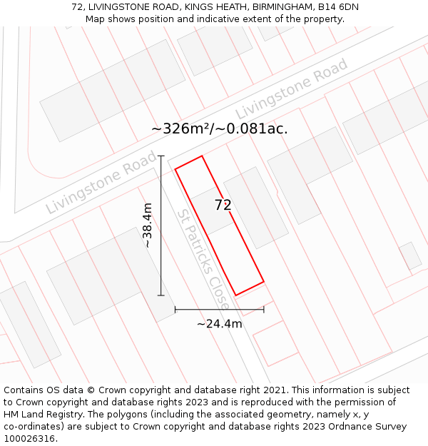 72, LIVINGSTONE ROAD, KINGS HEATH, BIRMINGHAM, B14 6DN: Plot and title map