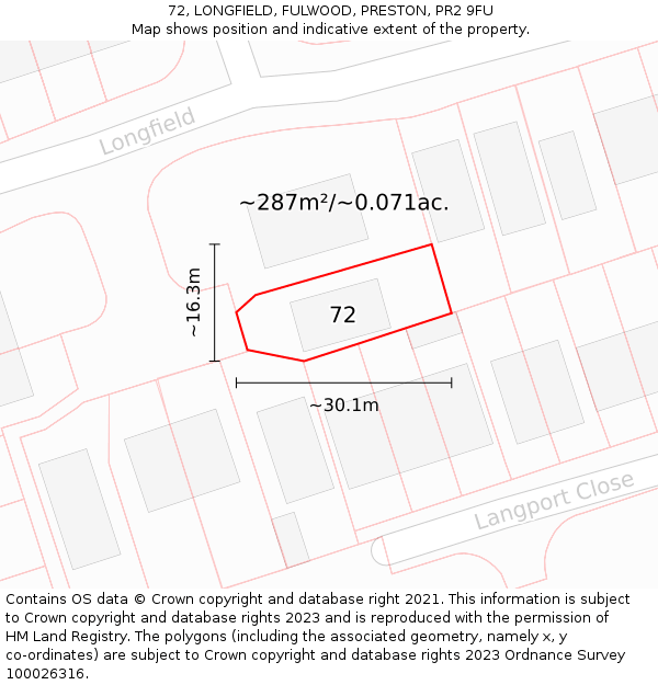 72, LONGFIELD, FULWOOD, PRESTON, PR2 9FU: Plot and title map