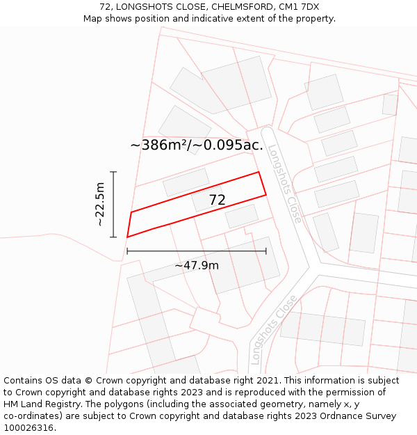 72, LONGSHOTS CLOSE, CHELMSFORD, CM1 7DX: Plot and title map