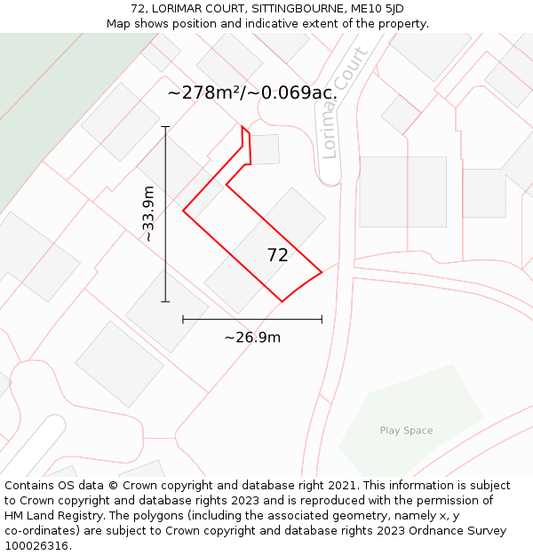 72, LORIMAR COURT, SITTINGBOURNE, ME10 5JD: Plot and title map