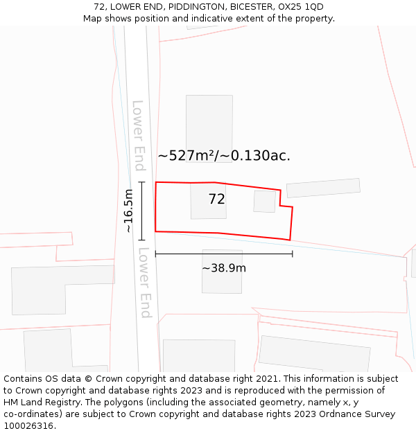 72, LOWER END, PIDDINGTON, BICESTER, OX25 1QD: Plot and title map