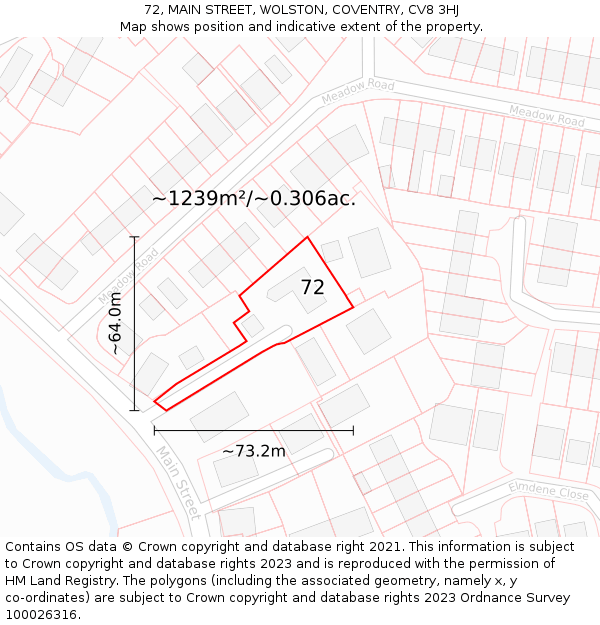 72, MAIN STREET, WOLSTON, COVENTRY, CV8 3HJ: Plot and title map