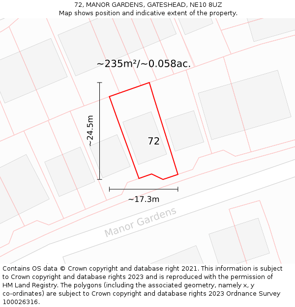 72, MANOR GARDENS, GATESHEAD, NE10 8UZ: Plot and title map