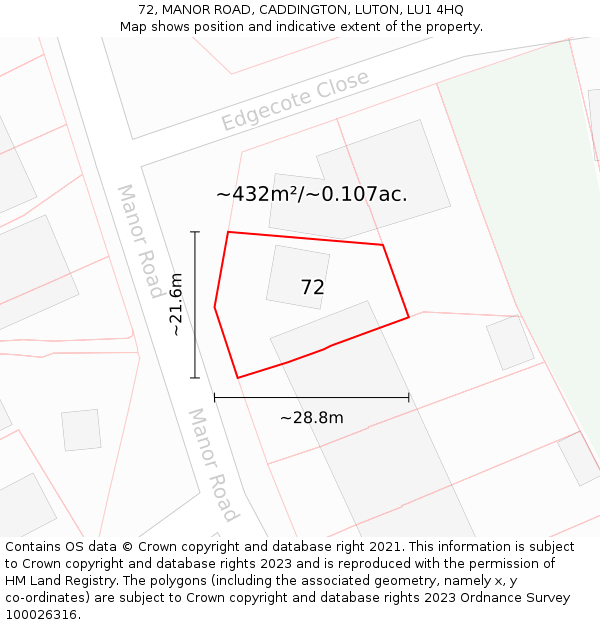 72, MANOR ROAD, CADDINGTON, LUTON, LU1 4HQ: Plot and title map