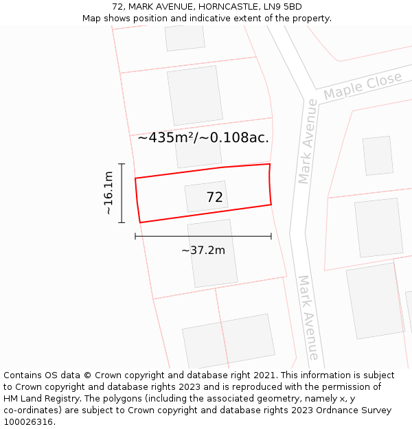 72, MARK AVENUE, HORNCASTLE, LN9 5BD: Plot and title map