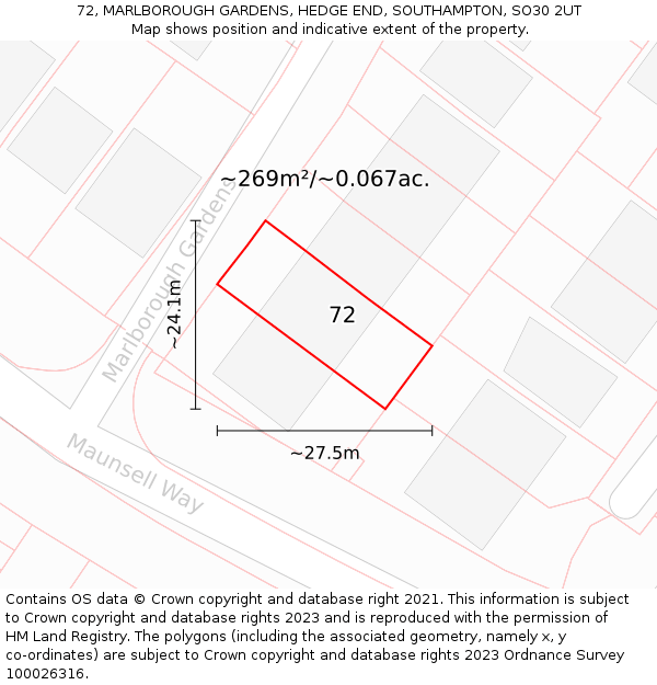 72, MARLBOROUGH GARDENS, HEDGE END, SOUTHAMPTON, SO30 2UT: Plot and title map