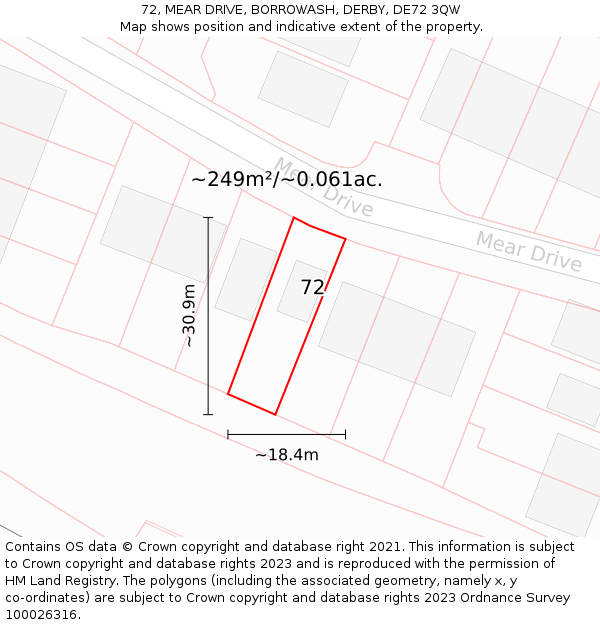 72, MEAR DRIVE, BORROWASH, DERBY, DE72 3QW: Plot and title map