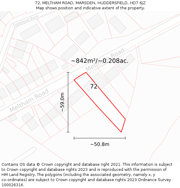 72, MELTHAM ROAD, MARSDEN, HUDDERSFIELD, HD7 6JZ: Plot and title map