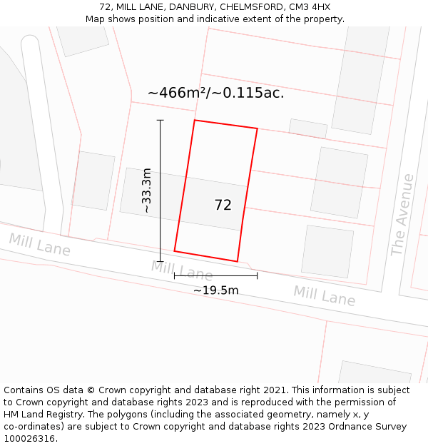 72, MILL LANE, DANBURY, CHELMSFORD, CM3 4HX: Plot and title map