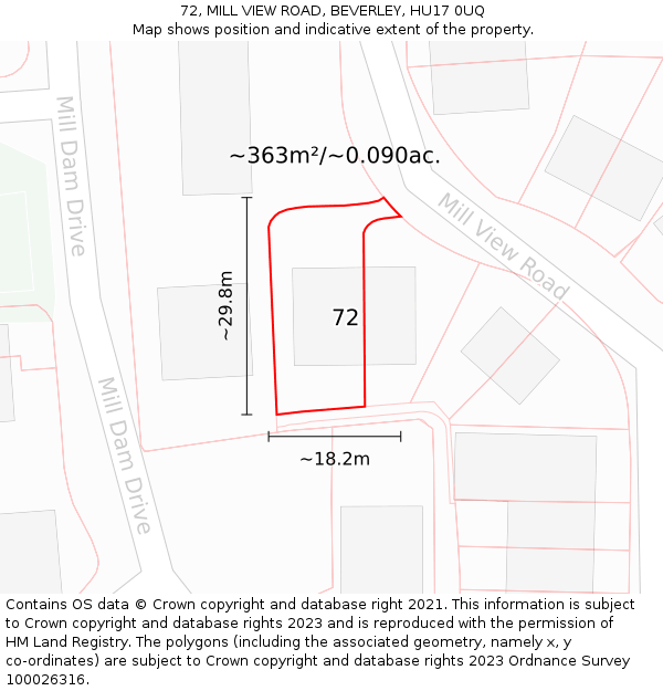 72, MILL VIEW ROAD, BEVERLEY, HU17 0UQ: Plot and title map