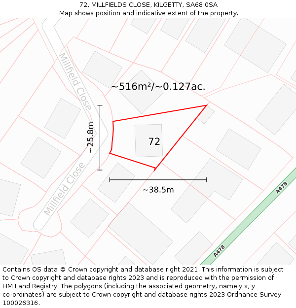 72, MILLFIELDS CLOSE, KILGETTY, SA68 0SA: Plot and title map