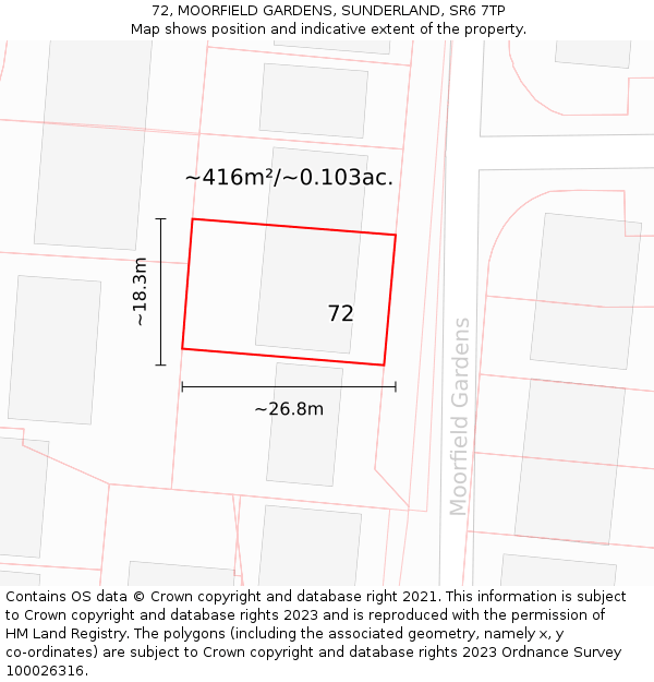 72, MOORFIELD GARDENS, SUNDERLAND, SR6 7TP: Plot and title map