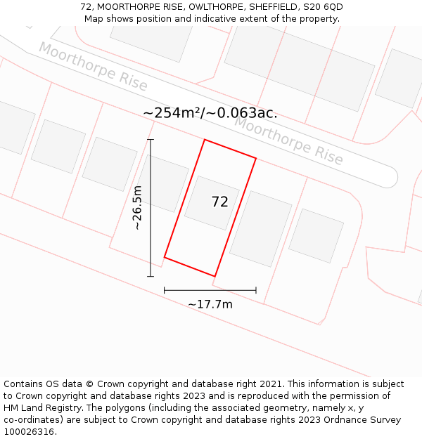 72, MOORTHORPE RISE, OWLTHORPE, SHEFFIELD, S20 6QD: Plot and title map