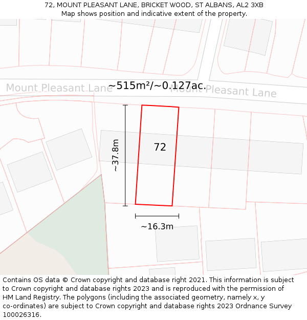 72, MOUNT PLEASANT LANE, BRICKET WOOD, ST ALBANS, AL2 3XB: Plot and title map