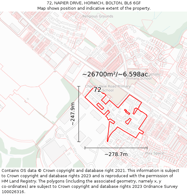 72, NAPIER DRIVE, HORWICH, BOLTON, BL6 6GF: Plot and title map