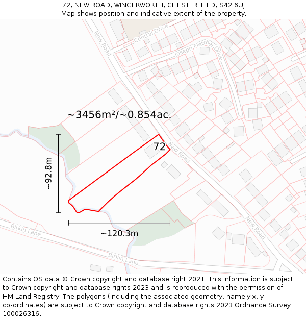 72, NEW ROAD, WINGERWORTH, CHESTERFIELD, S42 6UJ: Plot and title map