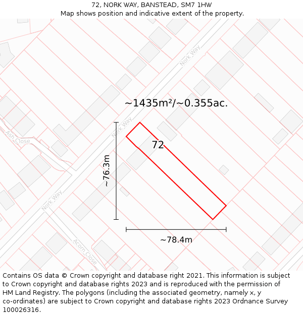 72, NORK WAY, BANSTEAD, SM7 1HW: Plot and title map