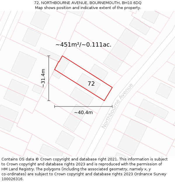 72, NORTHBOURNE AVENUE, BOURNEMOUTH, BH10 6DQ: Plot and title map