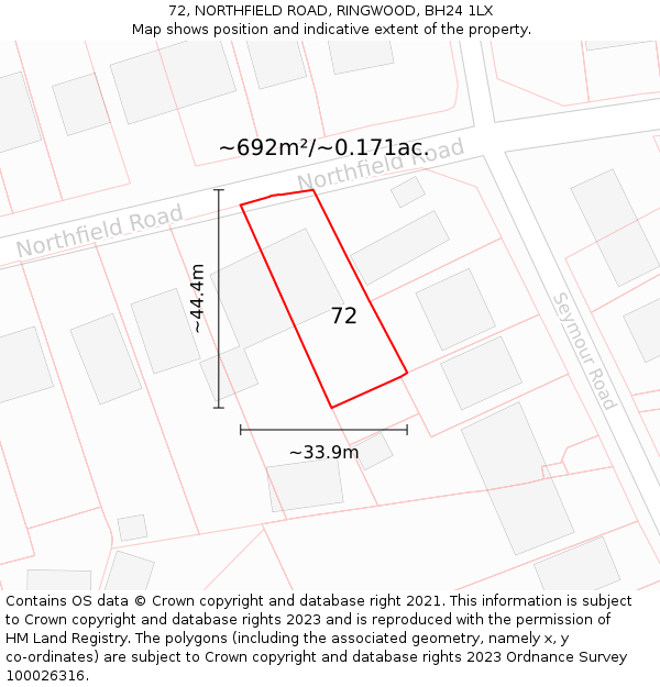 72, NORTHFIELD ROAD, RINGWOOD, BH24 1LX: Plot and title map