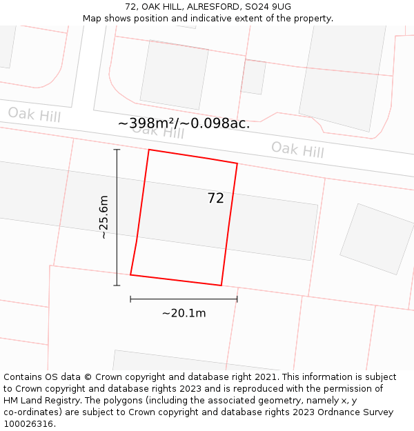 72, OAK HILL, ALRESFORD, SO24 9UG: Plot and title map