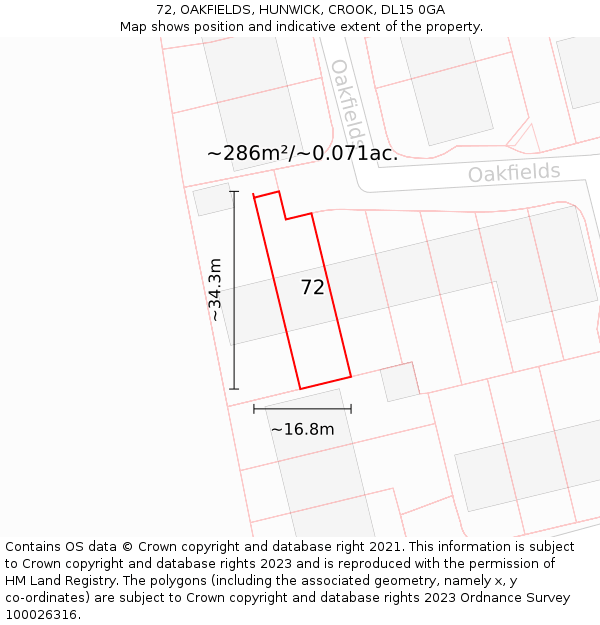 72, OAKFIELDS, HUNWICK, CROOK, DL15 0GA: Plot and title map