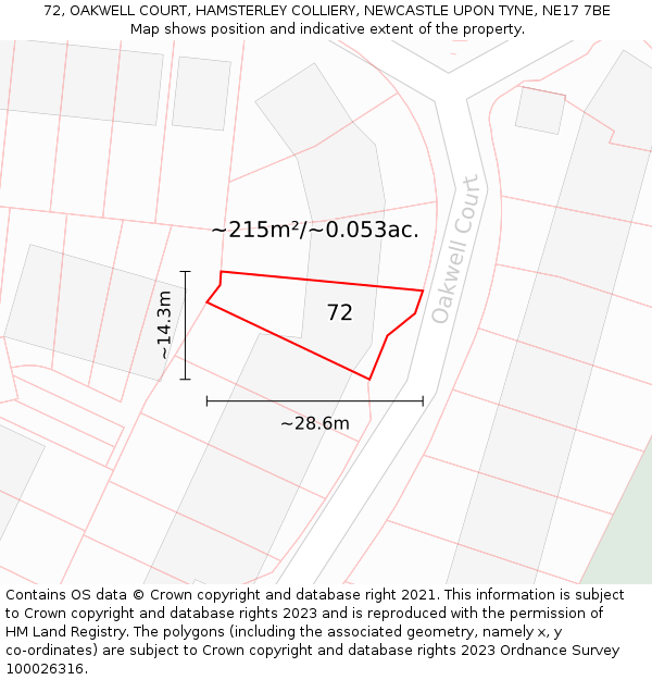 72, OAKWELL COURT, HAMSTERLEY COLLIERY, NEWCASTLE UPON TYNE, NE17 7BE: Plot and title map