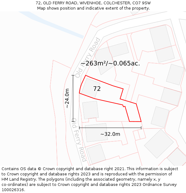 72, OLD FERRY ROAD, WIVENHOE, COLCHESTER, CO7 9SW: Plot and title map