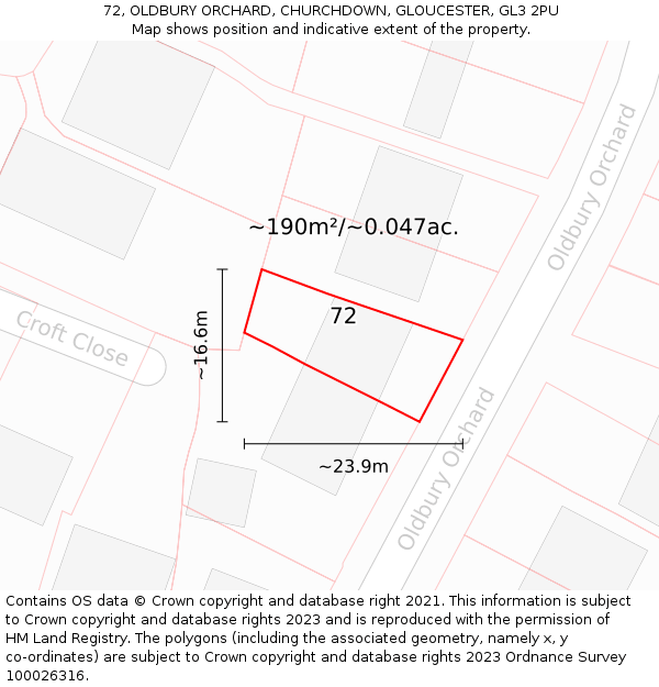 72, OLDBURY ORCHARD, CHURCHDOWN, GLOUCESTER, GL3 2PU: Plot and title map