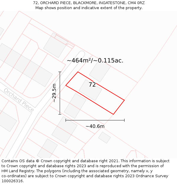 72, ORCHARD PIECE, BLACKMORE, INGATESTONE, CM4 0RZ: Plot and title map