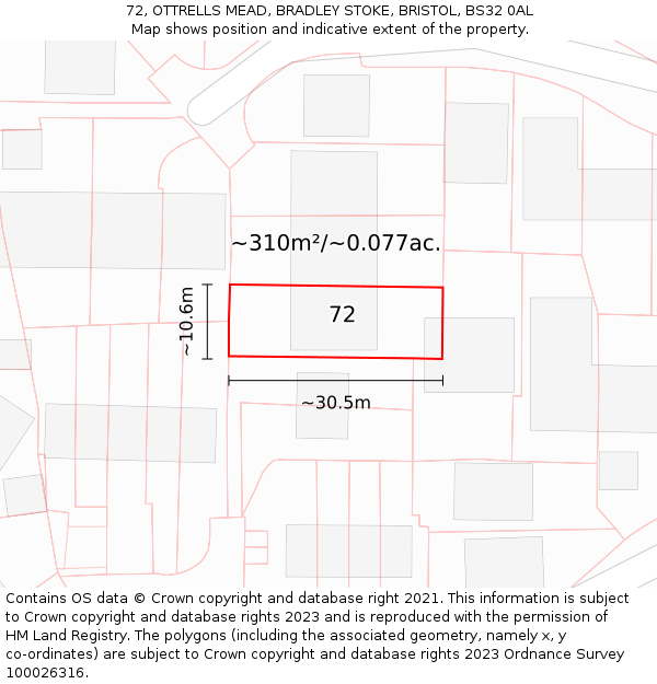 72, OTTRELLS MEAD, BRADLEY STOKE, BRISTOL, BS32 0AL: Plot and title map