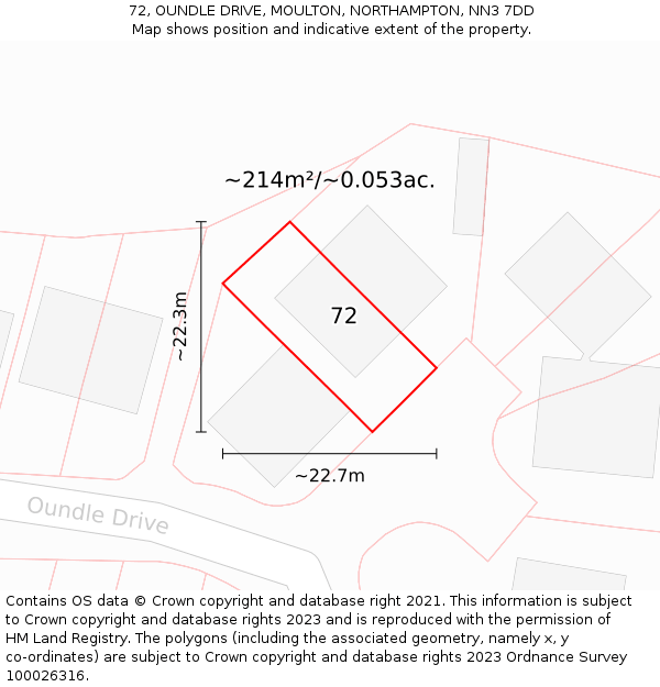 72, OUNDLE DRIVE, MOULTON, NORTHAMPTON, NN3 7DD: Plot and title map