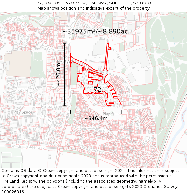 72, OXCLOSE PARK VIEW, HALFWAY, SHEFFIELD, S20 8GQ: Plot and title map