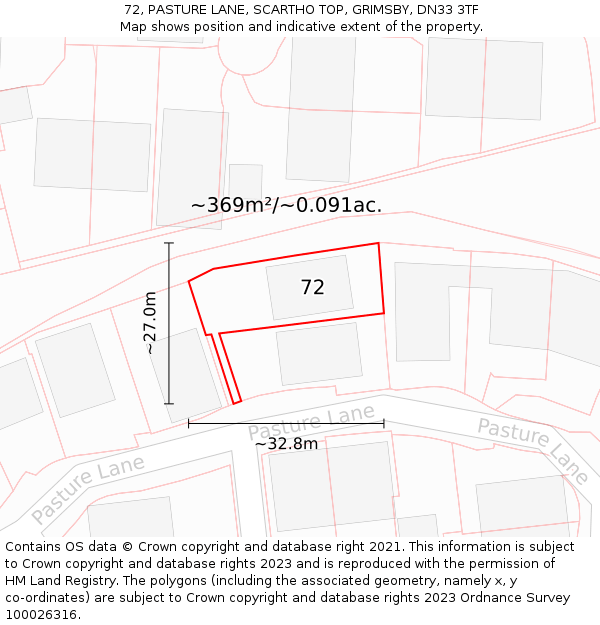 72, PASTURE LANE, SCARTHO TOP, GRIMSBY, DN33 3TF: Plot and title map